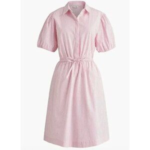 J. CREW Collared Puff Sleeve Mini Shirt Dress Striped Cotton Pink White Preppy